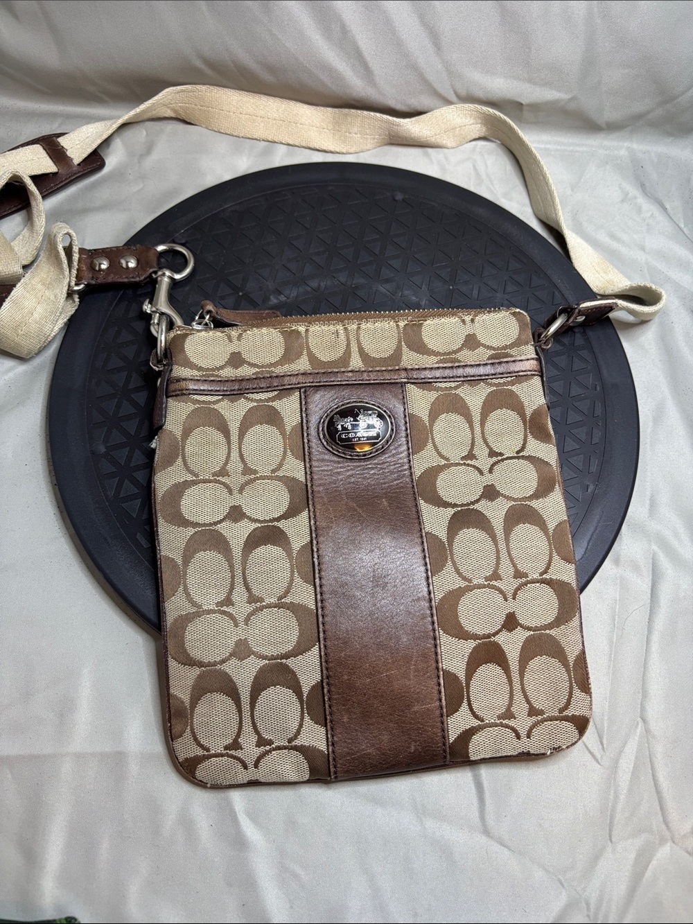 Coach Signature Canvas and Leather Crossbody in Brown and Cream